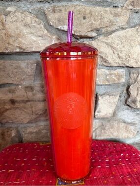 NWT STARBUCKS KITCHEN Orange & Pink Tumbler - Faceted Lid & Straw Starbucks Cups
